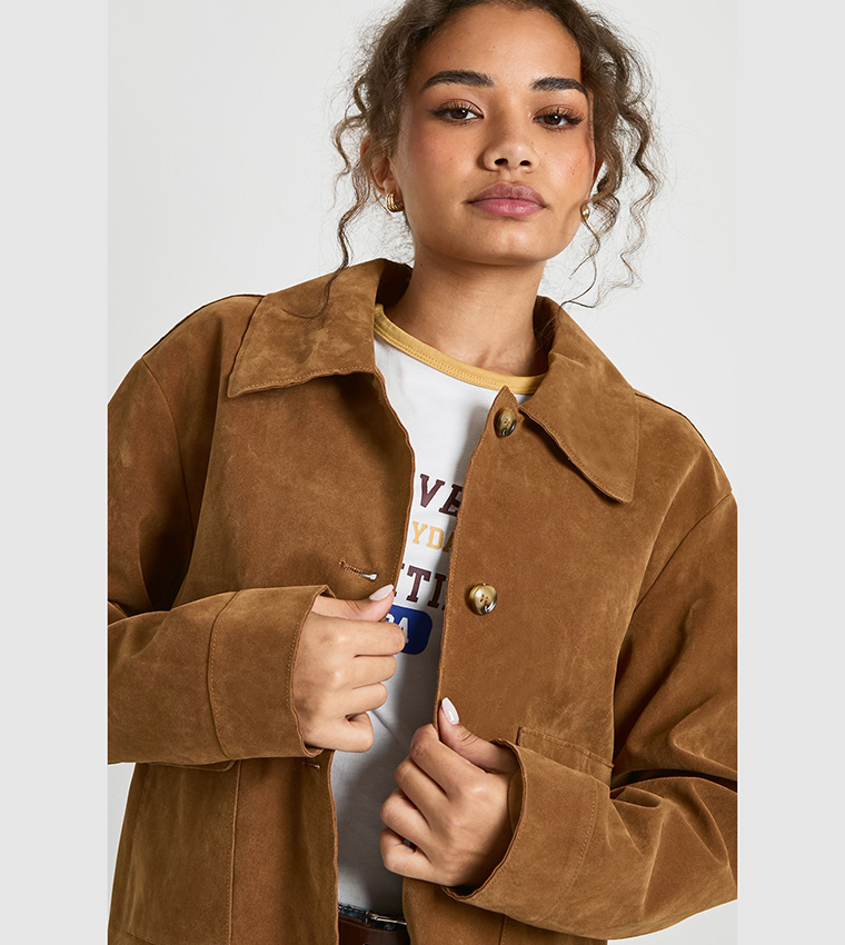 Collared Button Up Suede Look Jacket