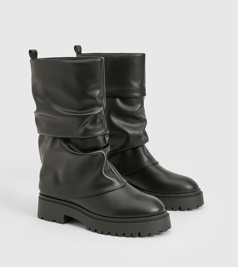 Buy Boohoo Fold Over Ruched Flat Calf High Boots In Black