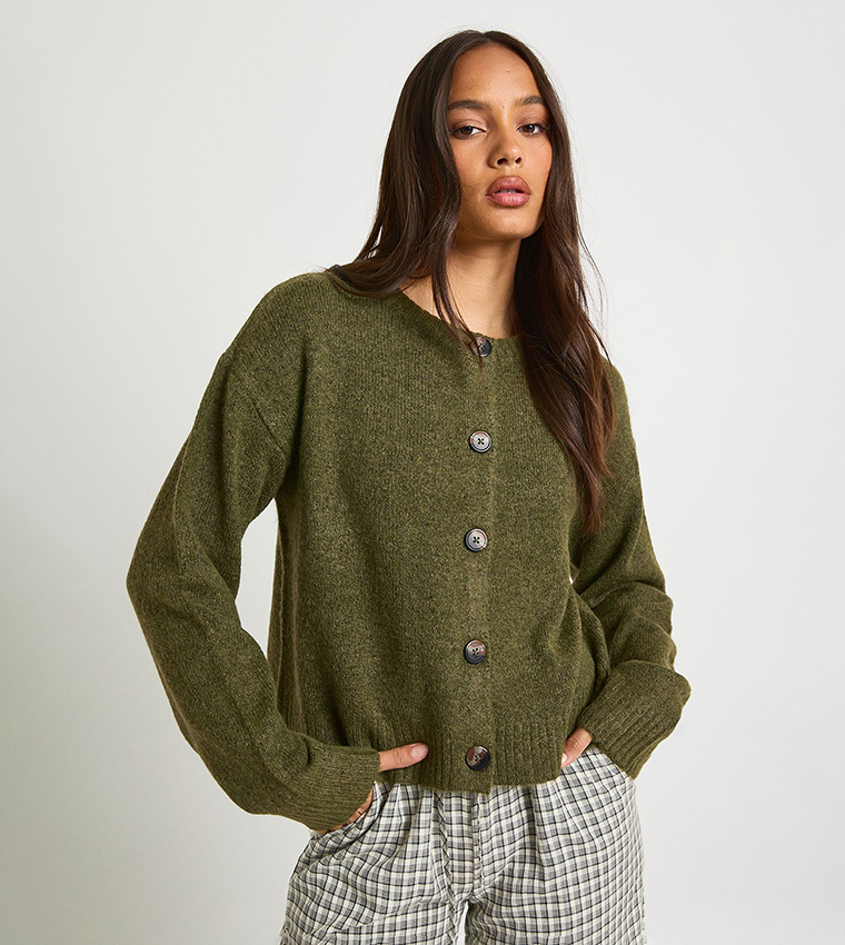 Womens Cardigans Khaki Knit Cardigan Khaki Knit Pocket Front Midi