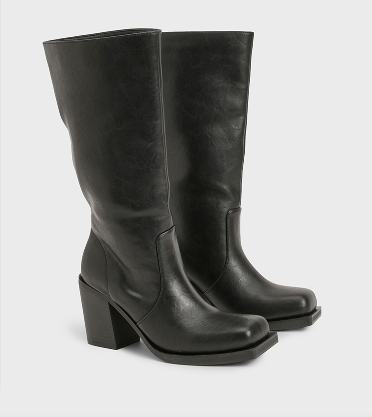 Distressed Block Heel Mid Calf Boots