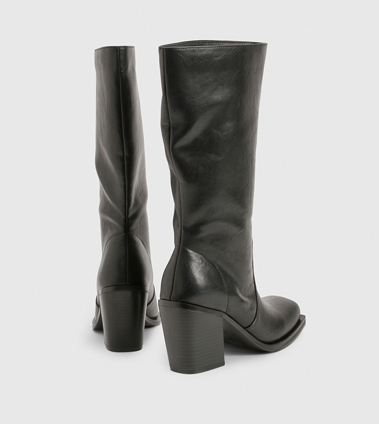 Distressed Block Heel Mid Calf Boots