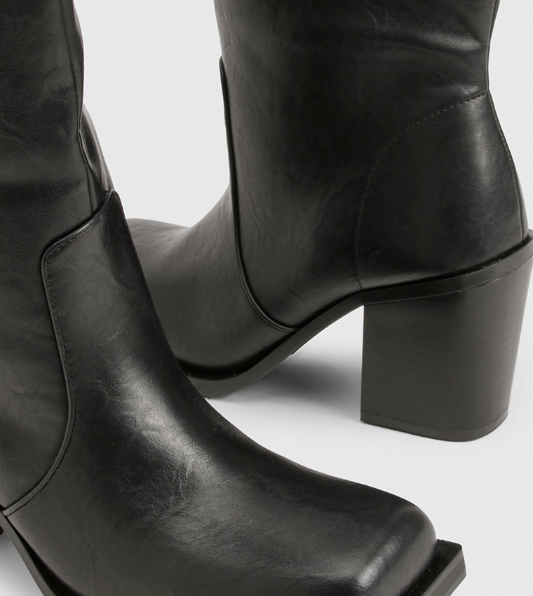 Distressed Block Heel Mid Calf Boots
