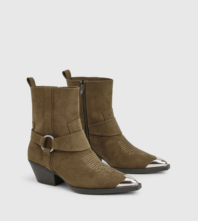 Faux Suede Silver Toe Cap Western Ankle Cowboy Boots