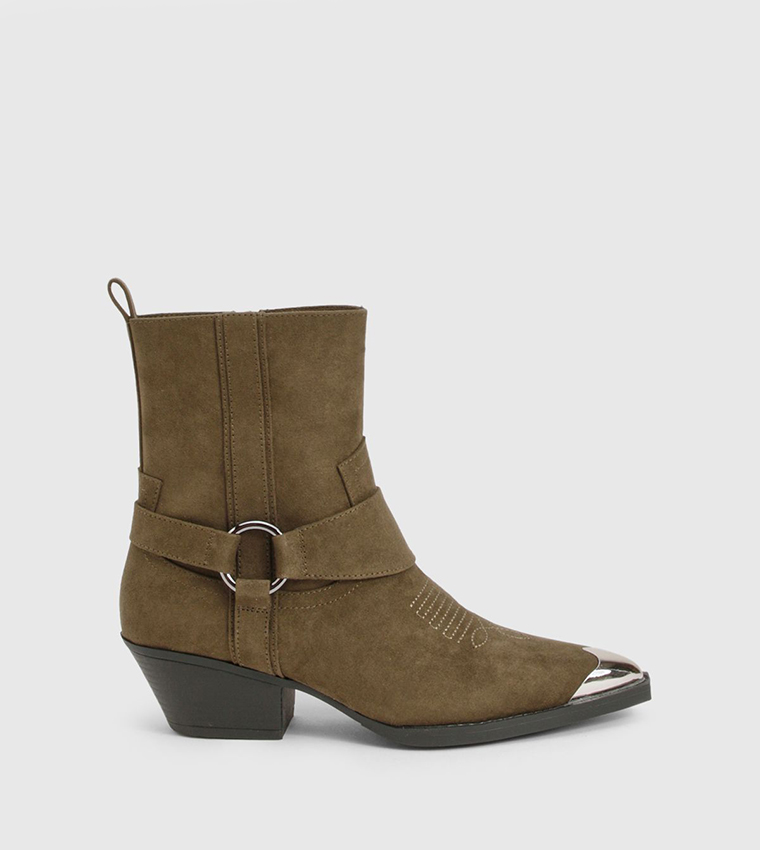 Faux Suede Silver Toe Cap Western Ankle Cowboy Boots