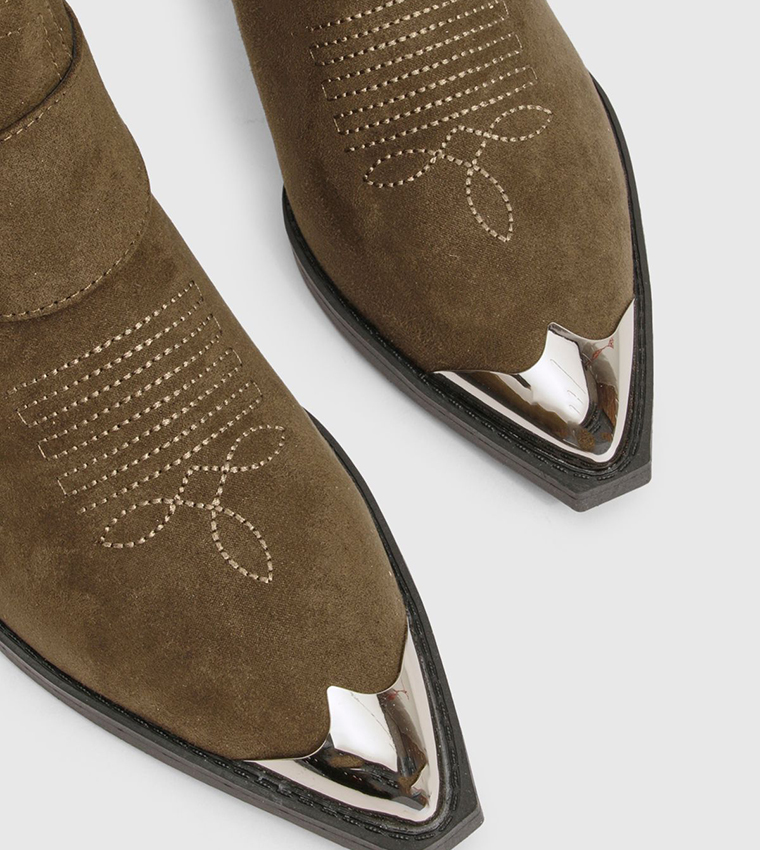 Faux Suede Silver Toe Cap Western Ankle Cowboy Boots