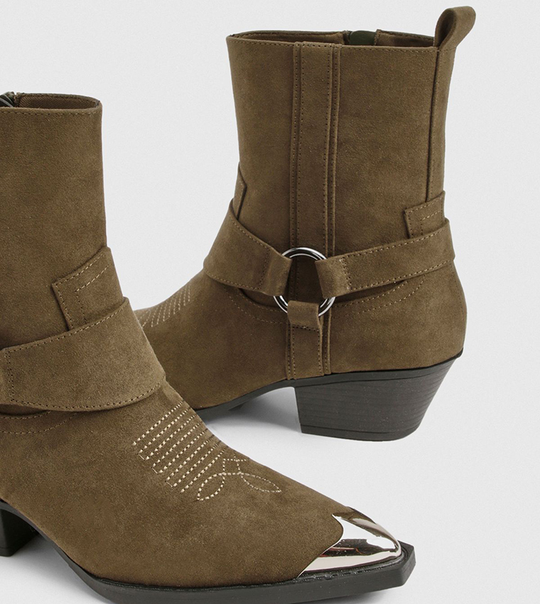 Faux Suede Silver Toe Cap Western Ankle Cowboy Boots