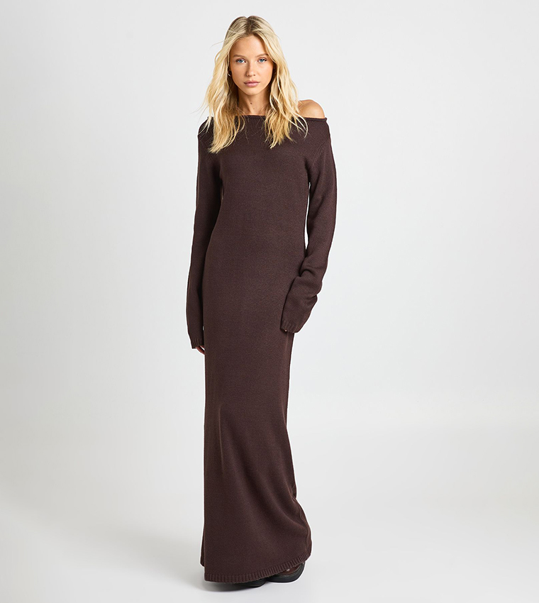 Long Sleeves Slash Neck Maxi Dress