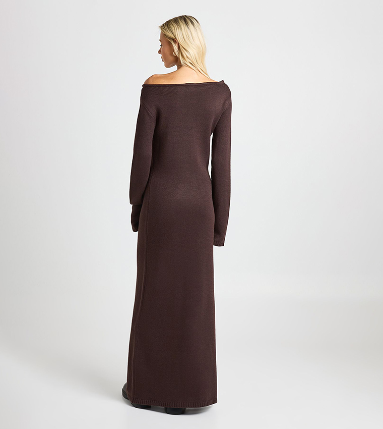 Long Sleeves Slash Neck Maxi Dress
