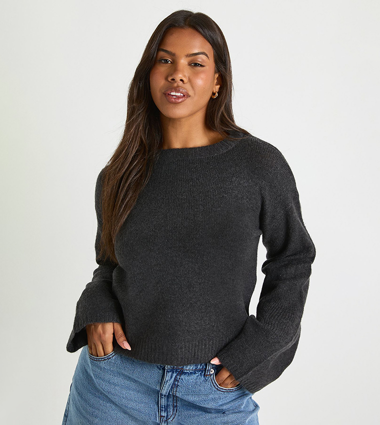 بوهو  سترات بياقة دائرية - رمادي Round Neck Sweaters