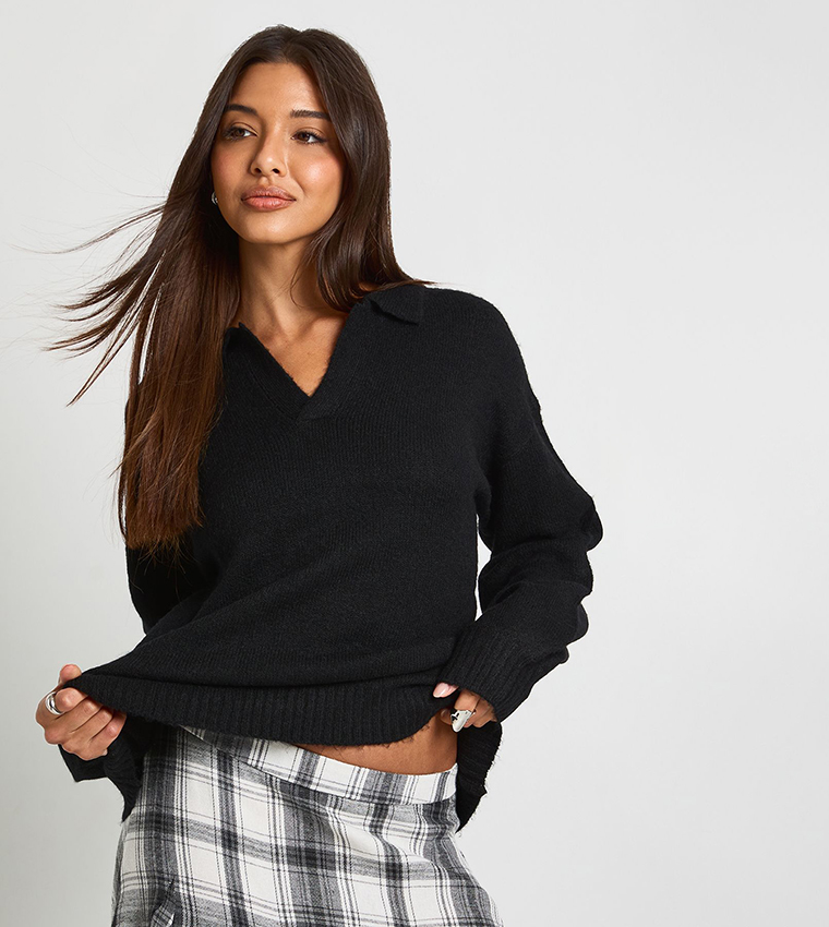 بوهو  سترات بياقة V  - أسود V-neck Sweaters
