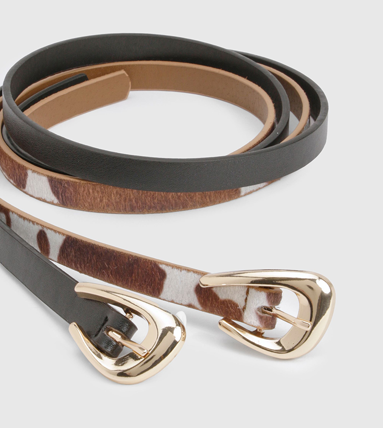 2 Pack Cow Print Skinny Leather Belt