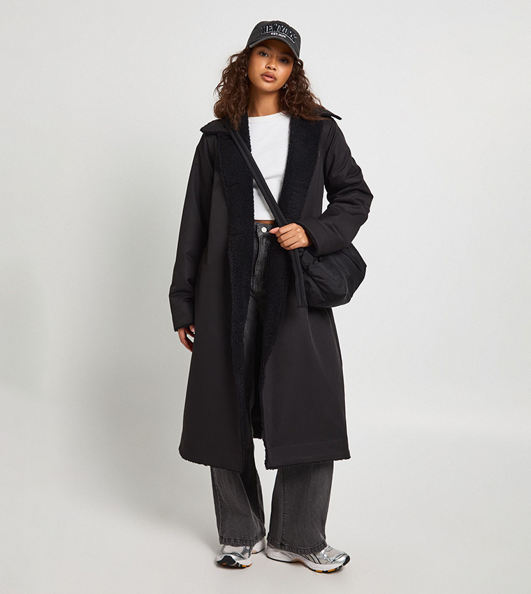 Long Sleeves Borg Lined Mac Coat