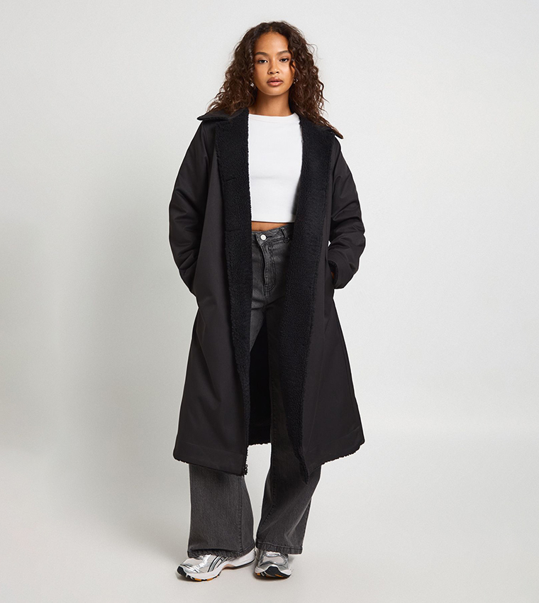 Long Sleeves Borg Lined Mac Coat