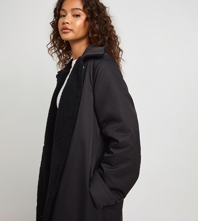Long Sleeves Borg Lined Mac Coat