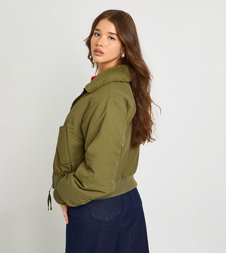 Buy Boohoo Sherpa Collared Zip Through Bomber Jacket In Khaki