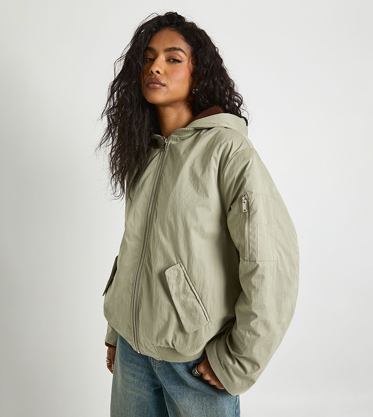 Buy Boohoo Sherpa Hooded Zip Through Bomber Jacket In Sage