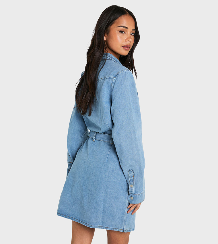 Washed Belted Denim Shirt Dress