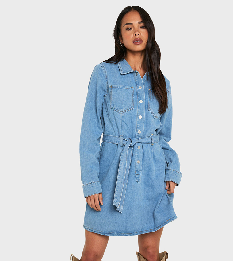 Washed Belted Denim Shirt Dress