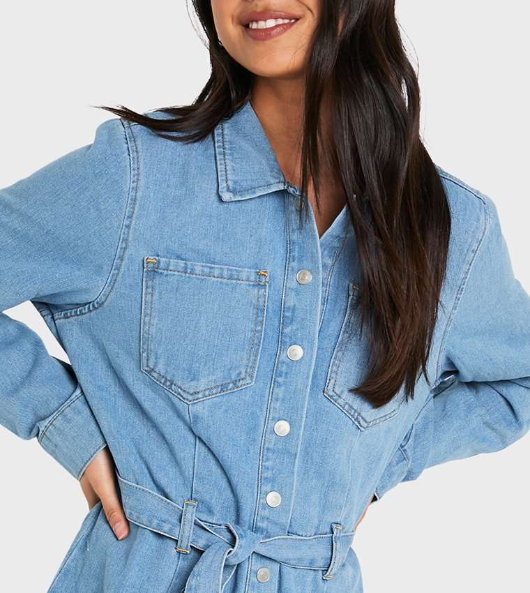 Washed Belted Denim Shirt Dress