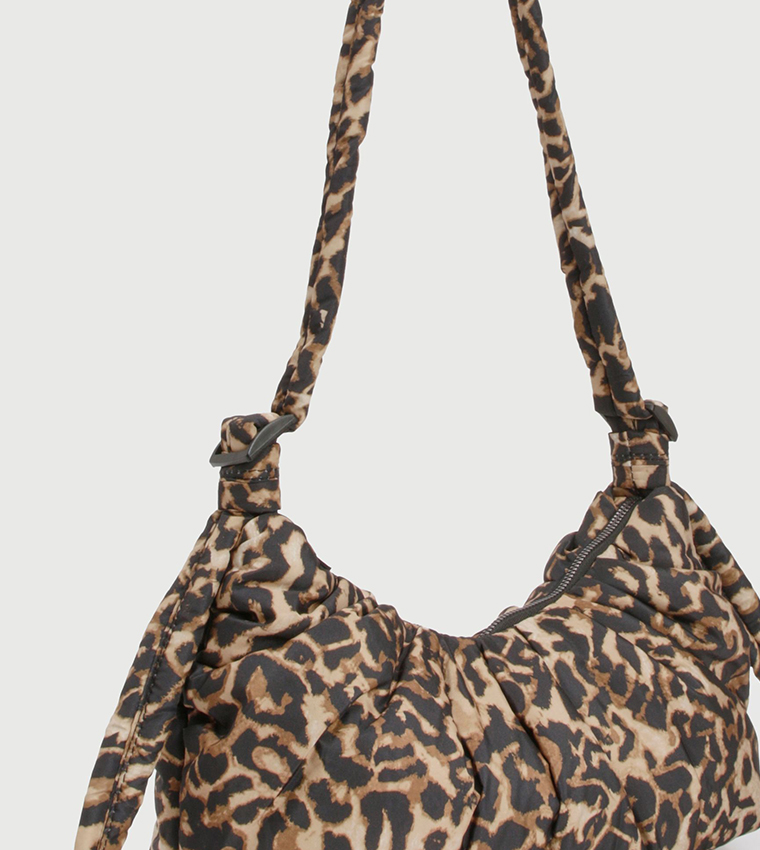 Leopard Print Ruched Nylon Shoulder Bag
