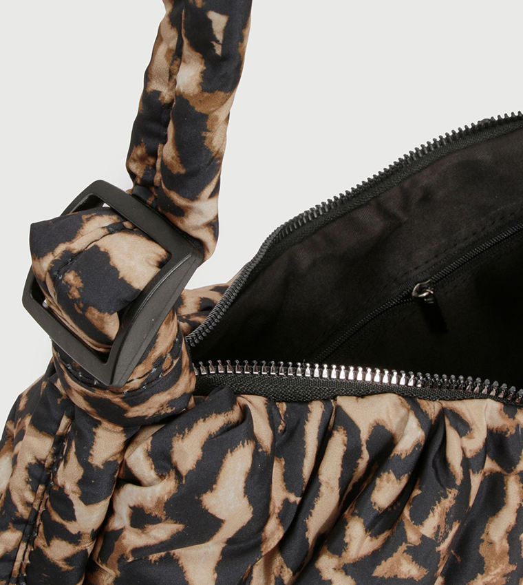 Leopard Print Ruched Nylon Shoulder Bag