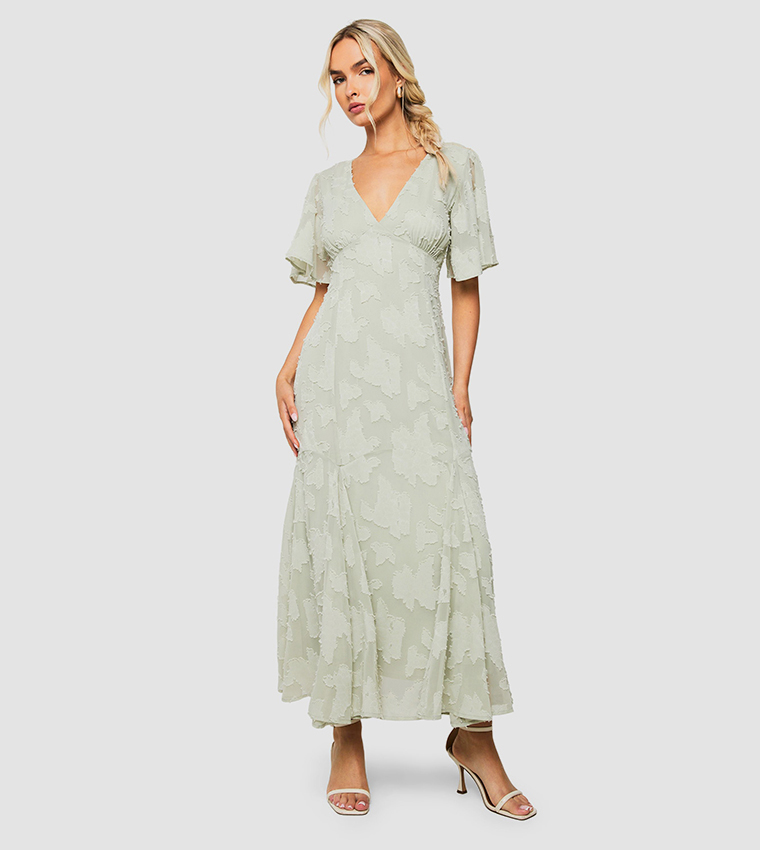 Burnout Floral Flared Sleeves Midaxi Dress