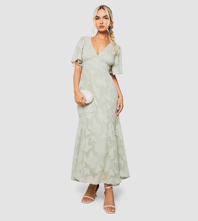 Burnout Floral Flared Sleeves Midaxi Dress