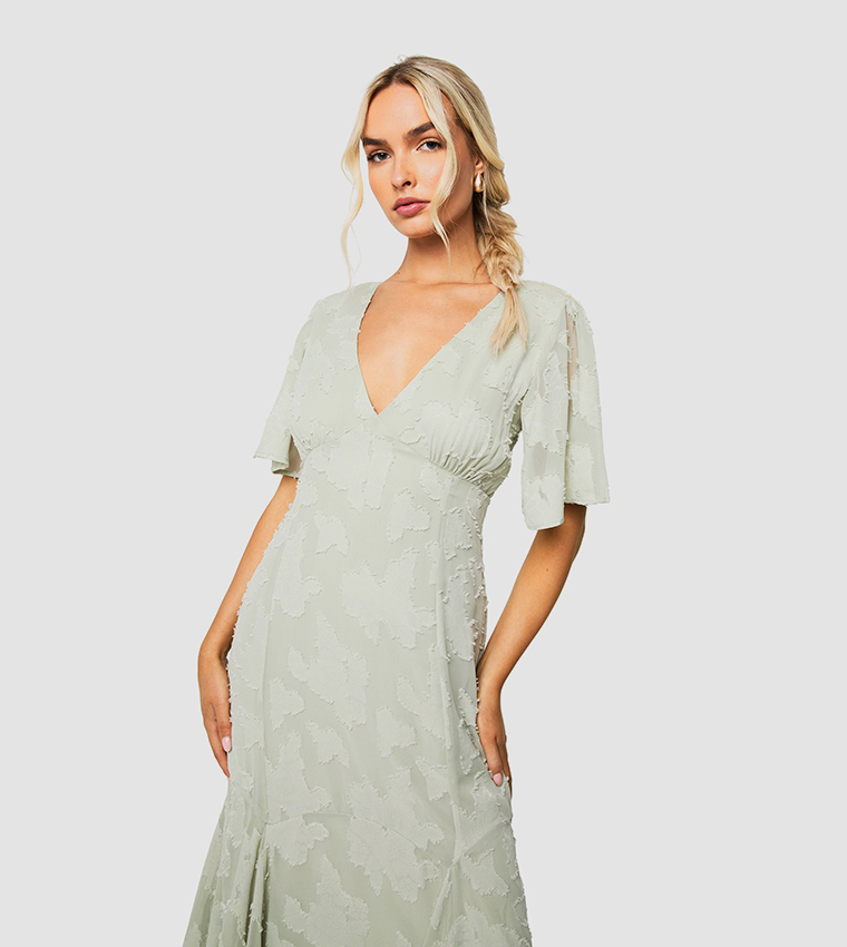 Burnout Floral Flared Sleeves Midaxi Dress