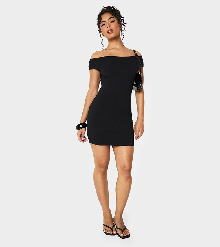 Bodycon Black Mini Off The Shoulder Dress Augusta Off The Shoulder Foldover  Mini Dress In Black