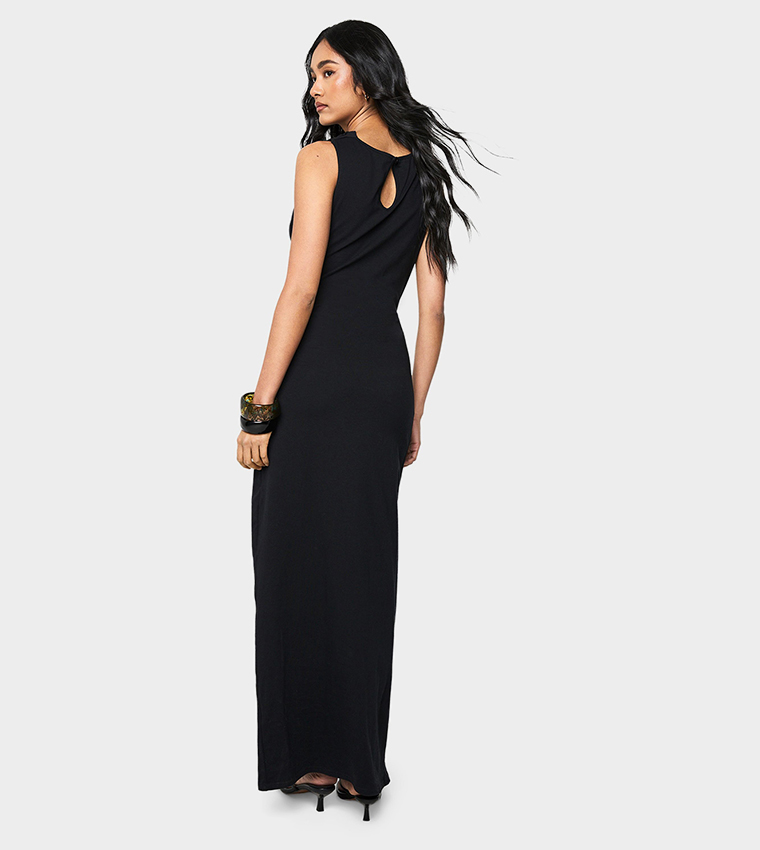 Solid High Cowl Ruched Maxi Dress