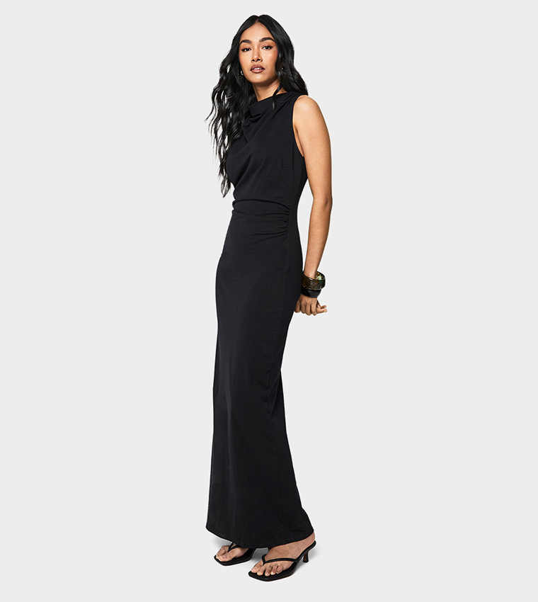 Solid High Cowl Ruched Maxi Dress