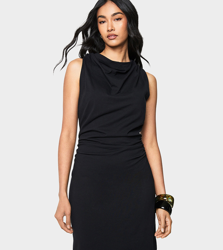 Solid High Cowl Ruched Maxi Dress