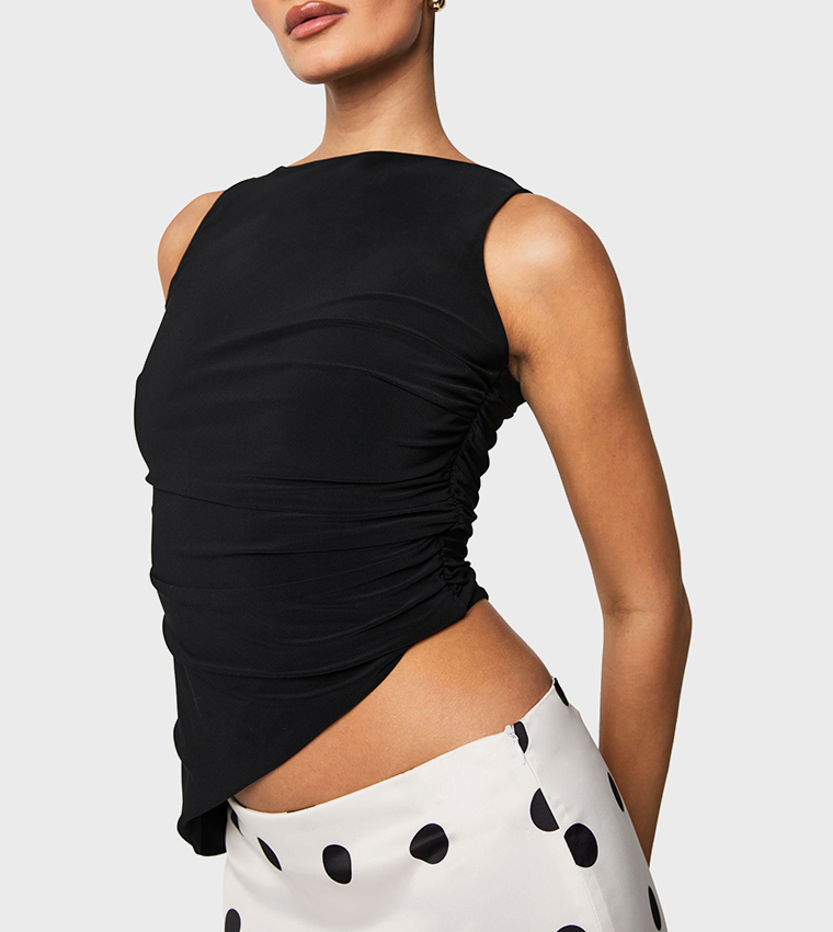 Double Layer Ruched Side Asymmetric Hem Sleeveless Top