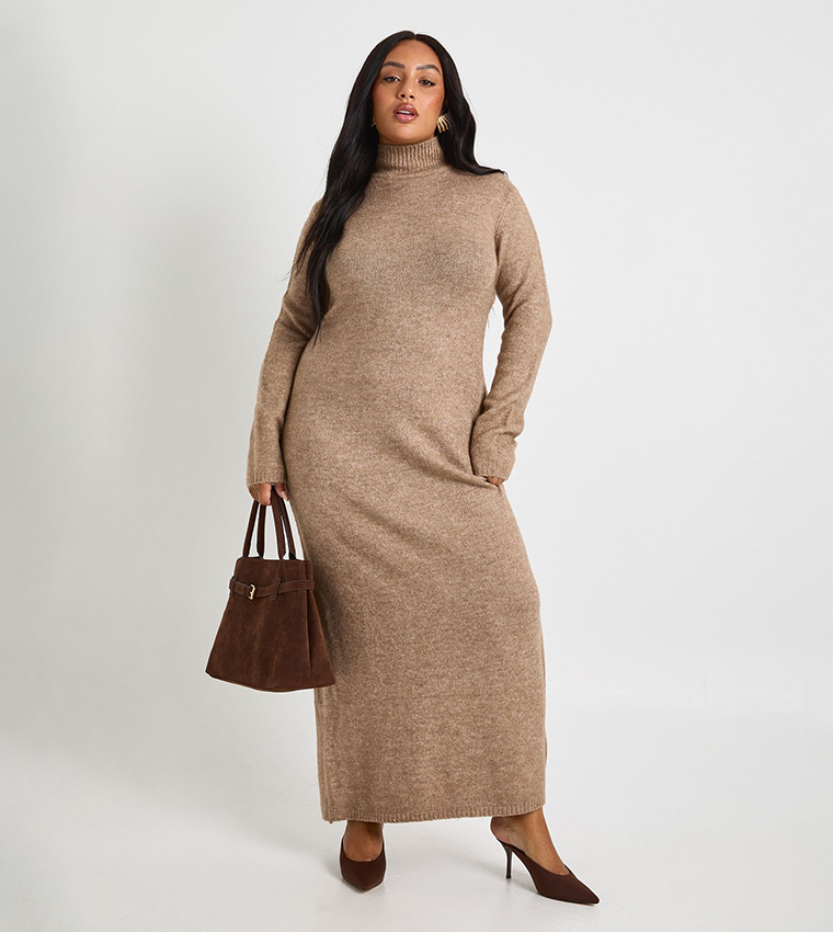 Buy Boohoo Curve High Neck Knit Maxi Sweater Dress In Brown | 6thStreet  Qatar