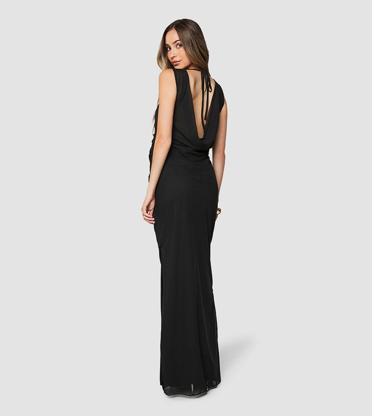 Maternity Mesh Cowl Ruched Maxi Dress