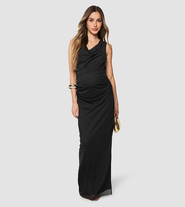 Maternity Mesh Cowl Ruched Maxi Dress