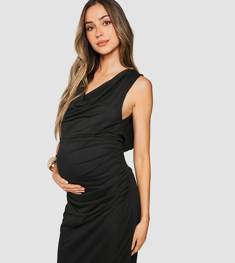 Maternity Mesh Cowl Ruched Maxi Dress