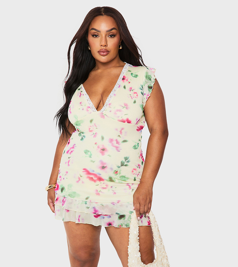 Curve Floral Print Mesh Drop Hem Mini Dress