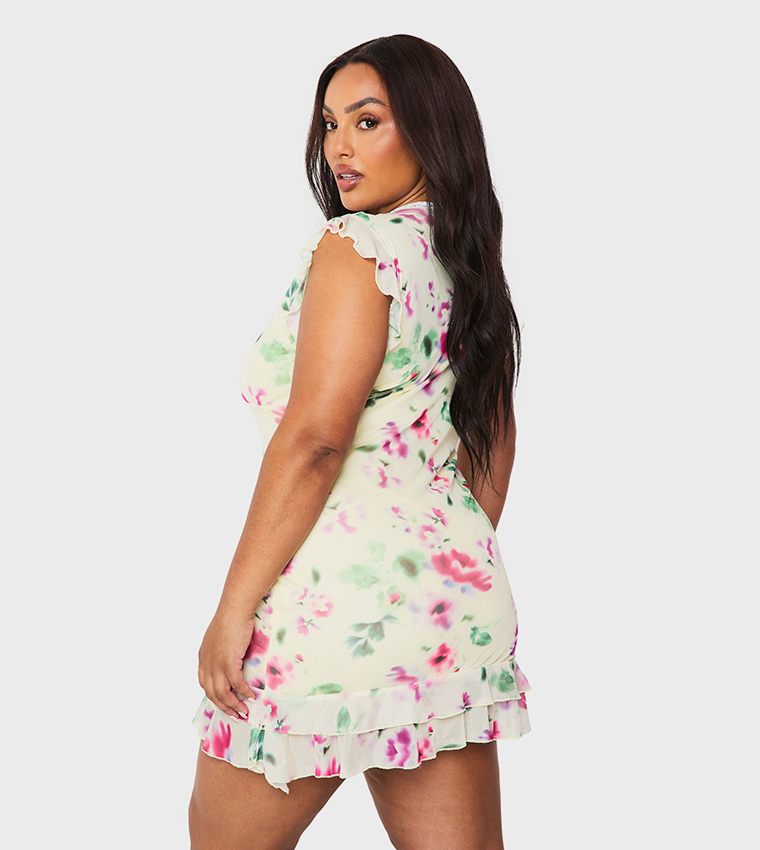 Curve Floral Print Mesh Drop Hem Mini Dress