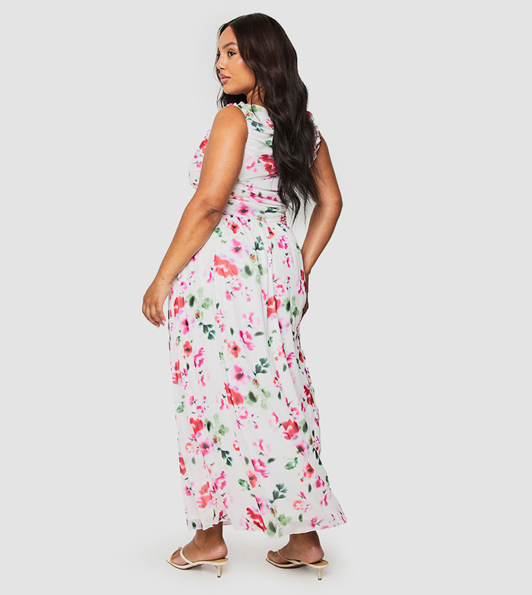 Curve Floral Mesh Ruched Drop Hem Maxi Dress