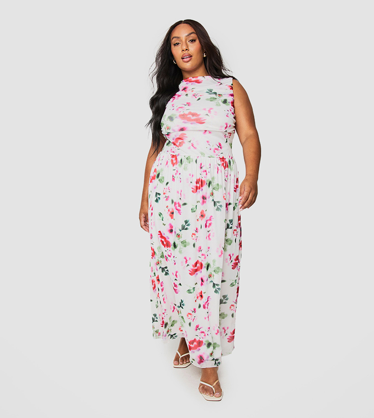Curve Floral Mesh Ruched Drop Hem Maxi Dress