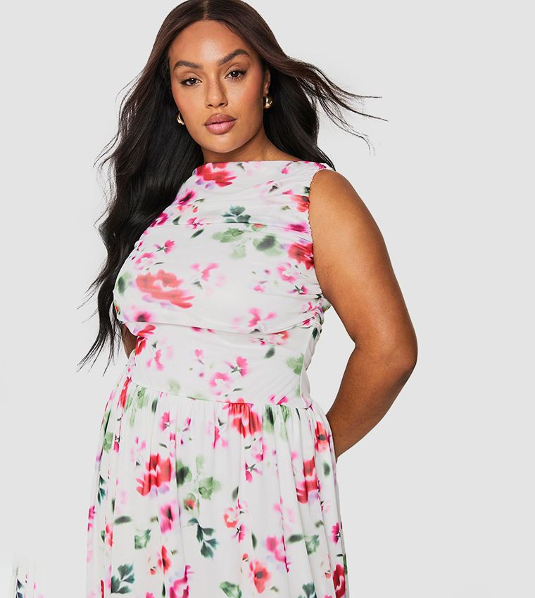 Curve Floral Mesh Ruched Drop Hem Maxi Dress