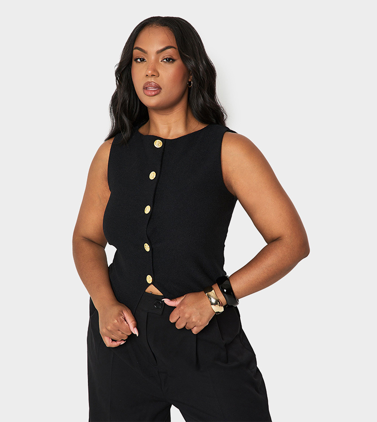 Curve Textured Button Through Waistcoat