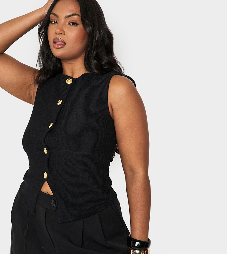 Curve Textured Button Through Waistcoat