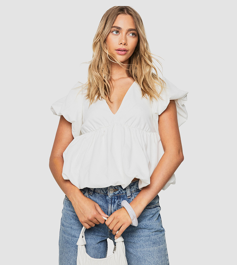 Poplin V-Neck Puffball Top