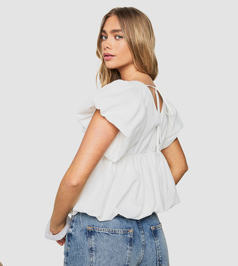 Poplin V-Neck Puffball Top
