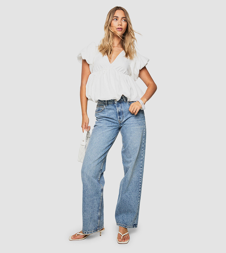 Poplin V-Neck Puffball Top