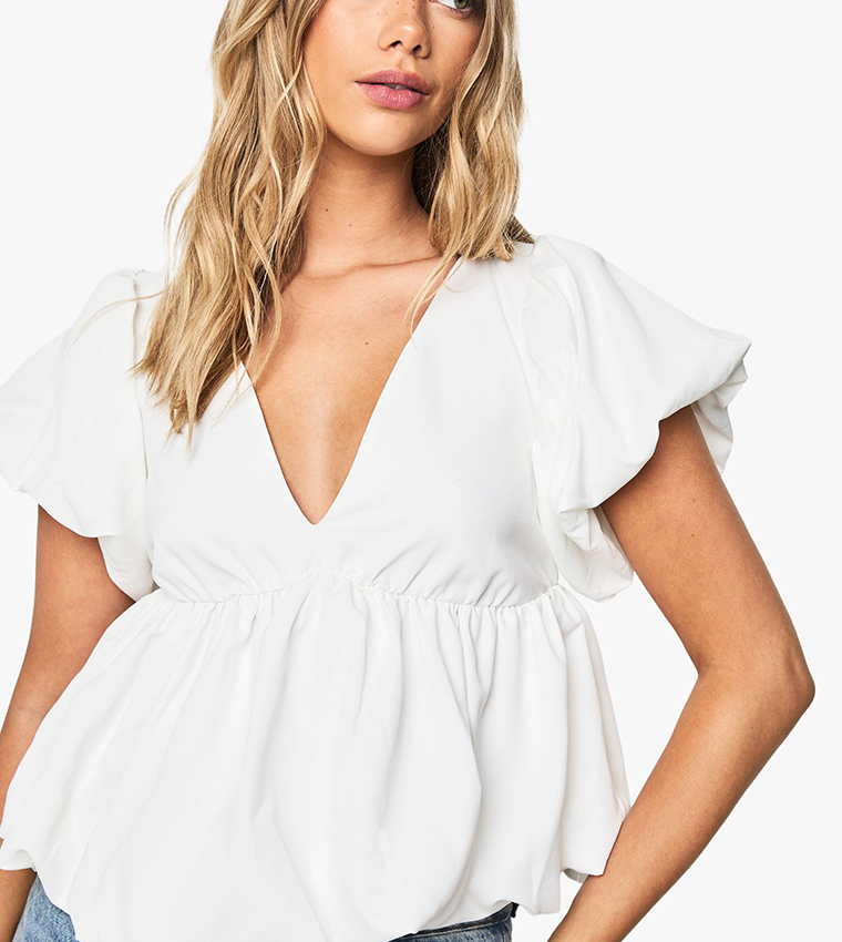 Poplin V-Neck Puffball Top