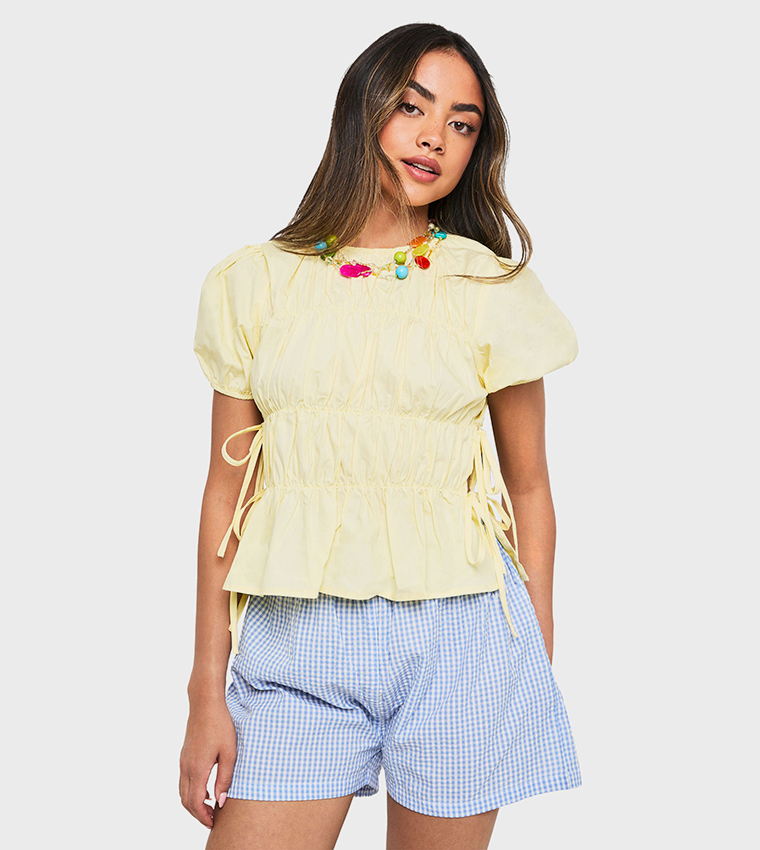 Ruched Poplin Tie Side Smock Top