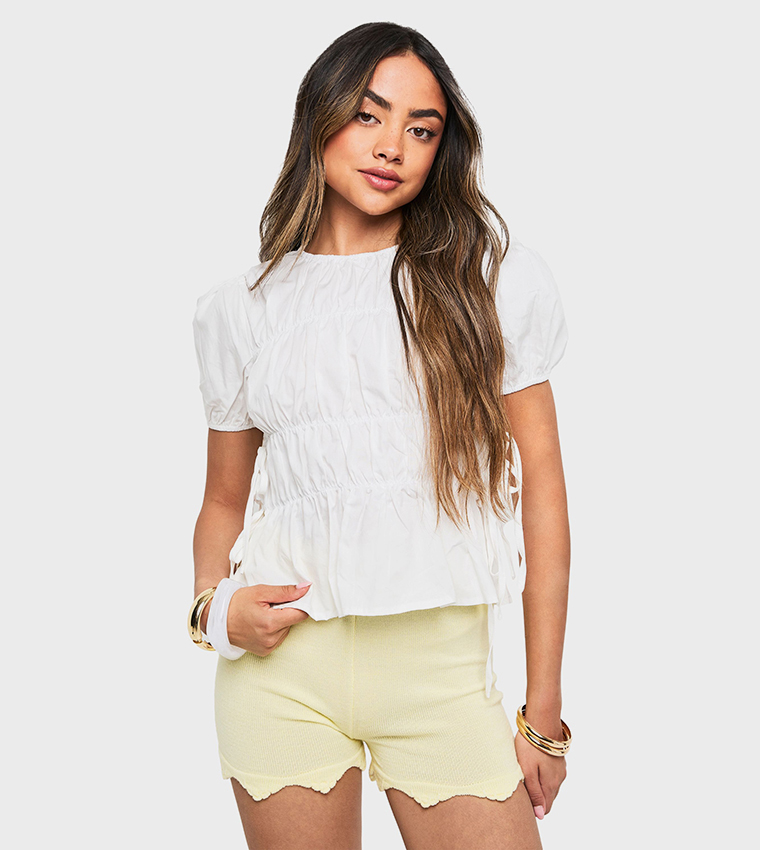 Ruched Poplin Tie Side Smock Top